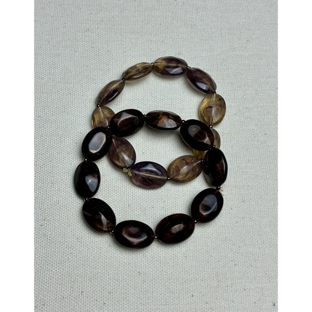 Vintage Marbled Lucite Acrylic Stretch Bracelet Set Brown Amber Purple Beads